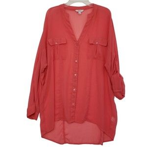 Candie's Women's Hi Low Long Sleeve Sheer Button Down Blouse, Size Large